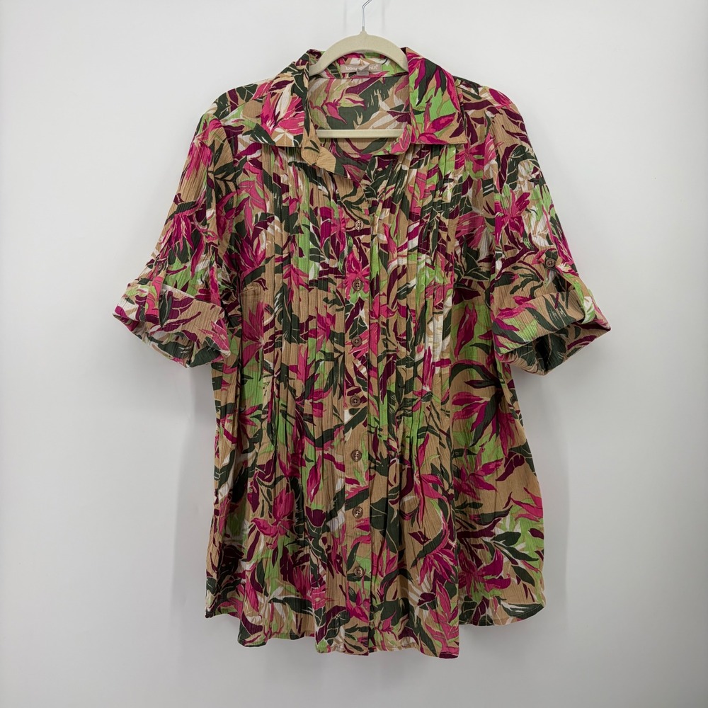 Woman Within Womens 14/16 Pink Floral Cotton Short Sleeve Pin-tuck Shirt